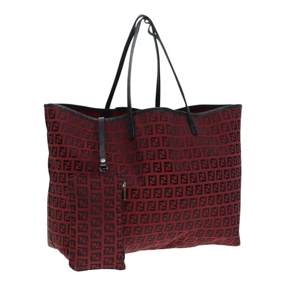 FENDI Zucchino Canvas Tote Bag Red Black Silver - Picture 1 of 14
